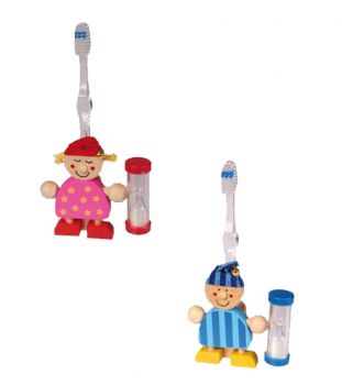 Preview: Zahnbürsten Halter aus Holz mit Sanduhr für Jungs